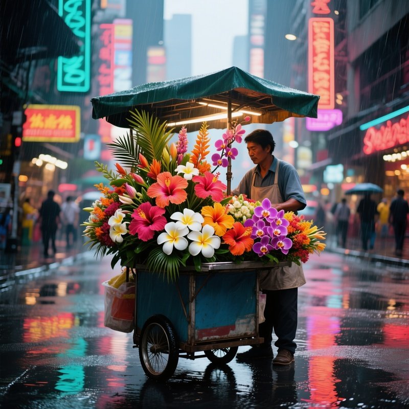A Bustling City Street After Rain, Reflecting Neon Signs, With A Street Vendor’S Cart Displaying An