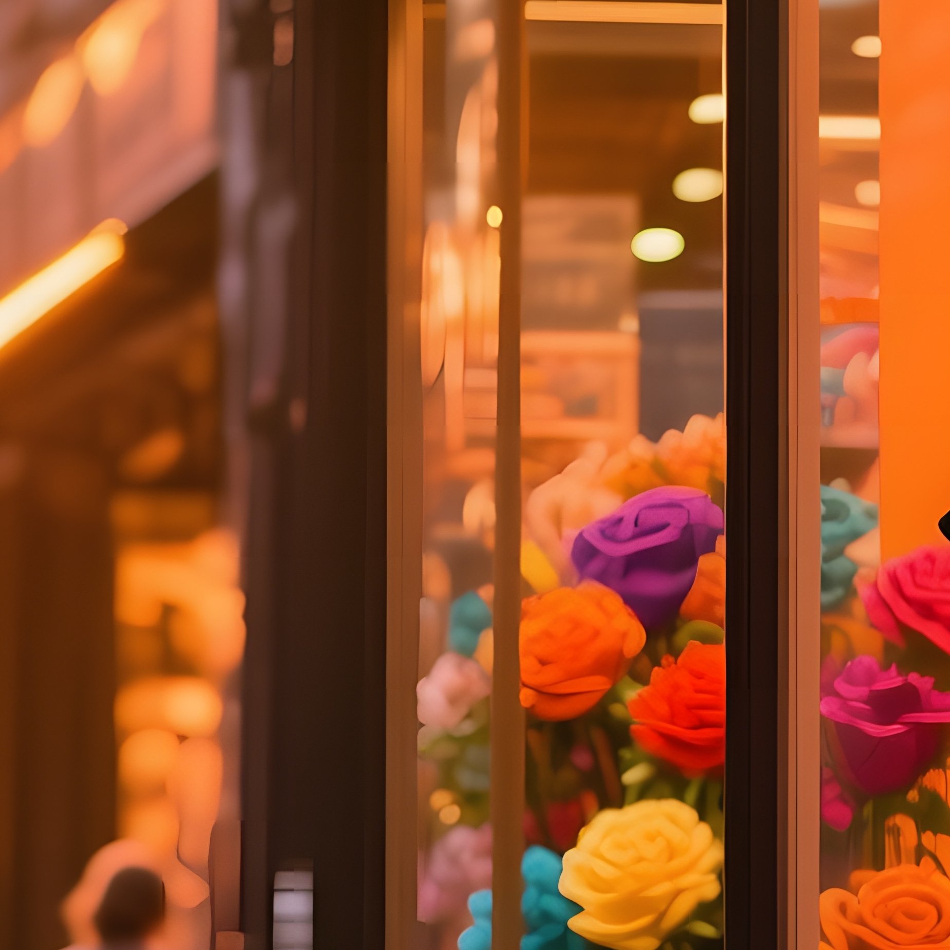 A Bustling City Street During Golden Hour, Storefront Windows Display Arrangements Of Pop‑Art Roses - Full Resolution Quality Preview