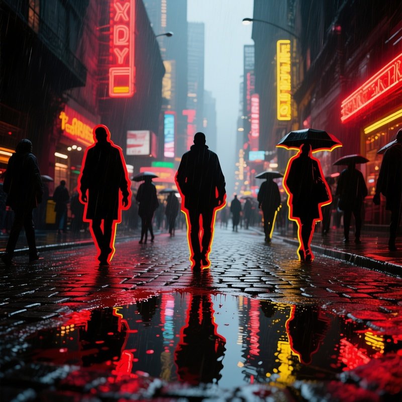 A Bustling City Street In Rain, Neon Signs Bleeding Into Puddles, Pedestrians Rendered As Distorted