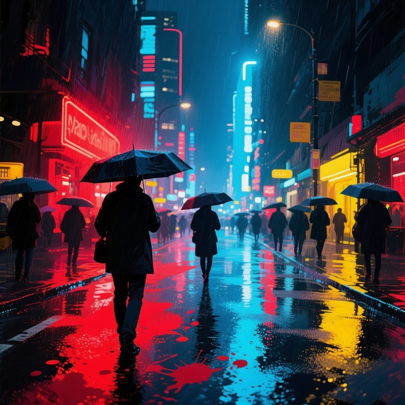 A Bustling City Street In The Rain At Night, Neon Reflections Shimmering On Wet Asphalt, Watercolor