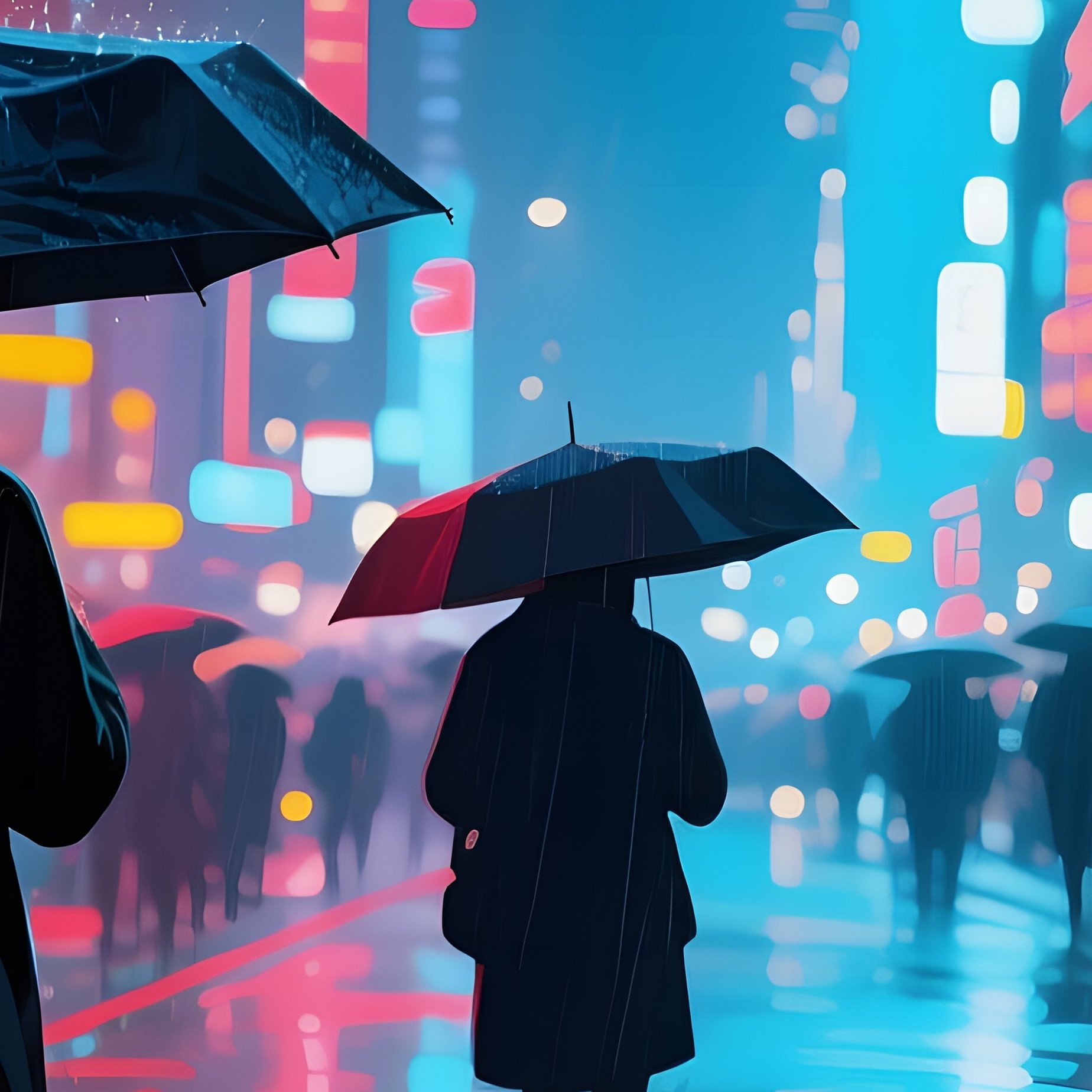 A Bustling City Street In The Rain At Night, Neon Reflections Shimmering On Wet Asphalt, Watercolor - Full Resolution Quality Preview