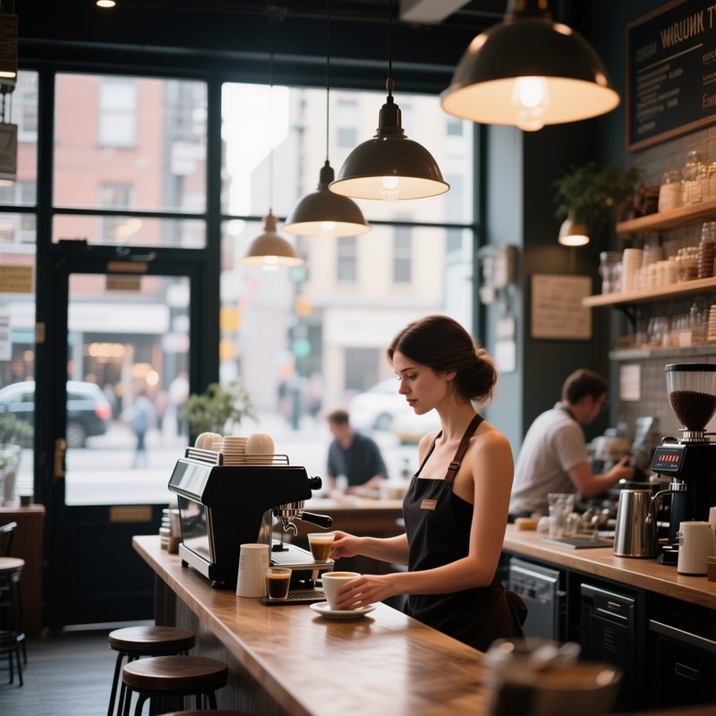A Bustling Coffee Shop Interior, A Female Barista Serving Espresso, Bare Shoulders Exposed Under