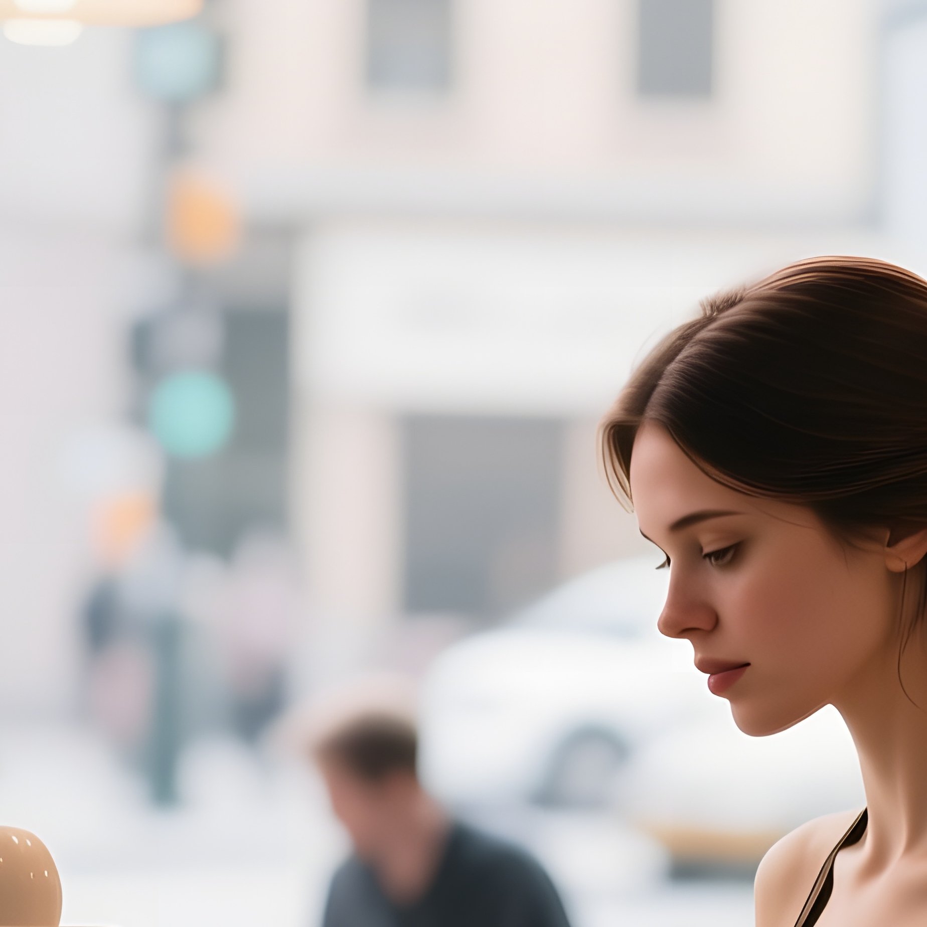 A Bustling Coffee Shop Interior, A Female Barista Serving Espresso, Bare Shoulders Exposed Under - Full Resolution Quality Preview