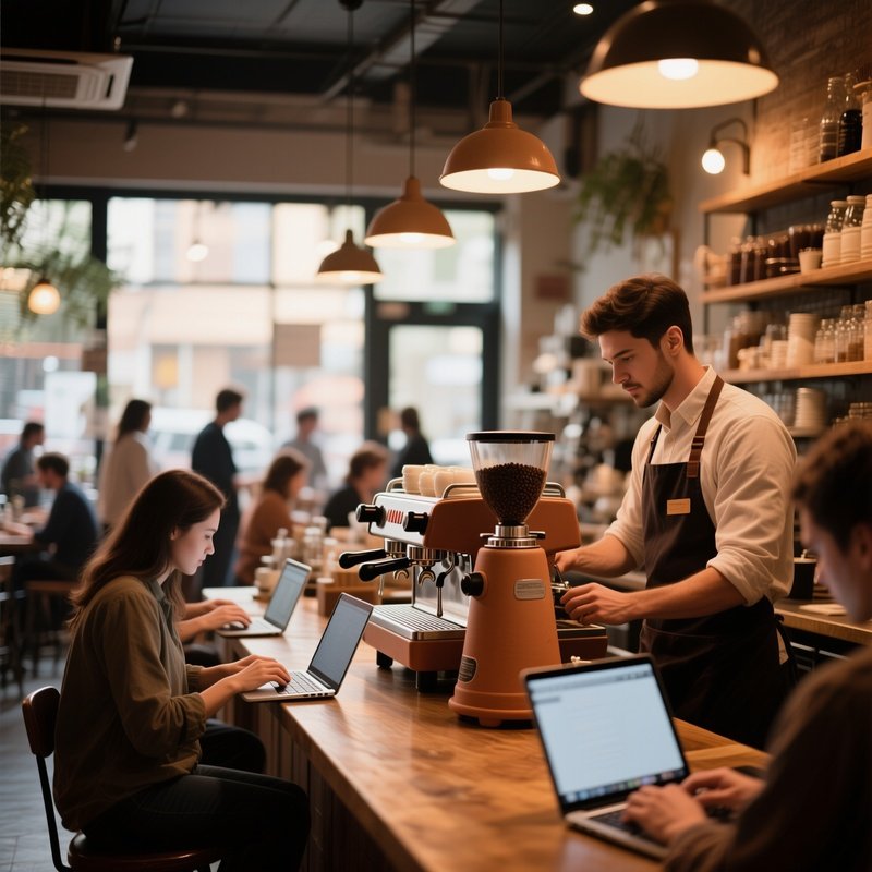 A Bustling Coffee Shop Interior, Barista Behind A Clay Espresso Machine, Patrons Typing On Laptops,