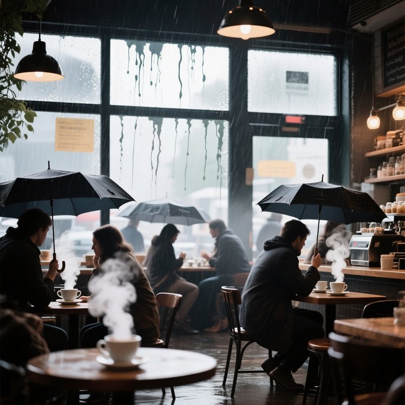 A Bustling Coffee Shop Interior On A Rainy Day, Patrons Huddled Under Umbrellas, Steam Rising From