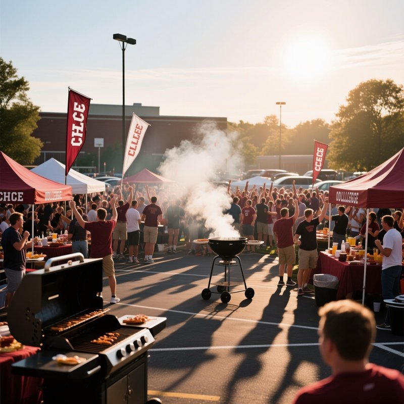 A Bustling College Football Tailgate In Ohio, Grills Smoking, Crowds Cheering, Banners Waving, Late