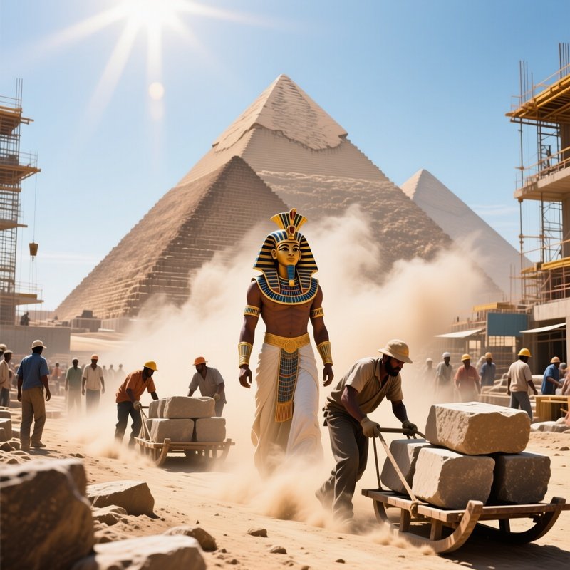 A Bustling Construction Site Of A New Pyramid Under A Blazing Midday Sun, Laborers Hauling Massive
