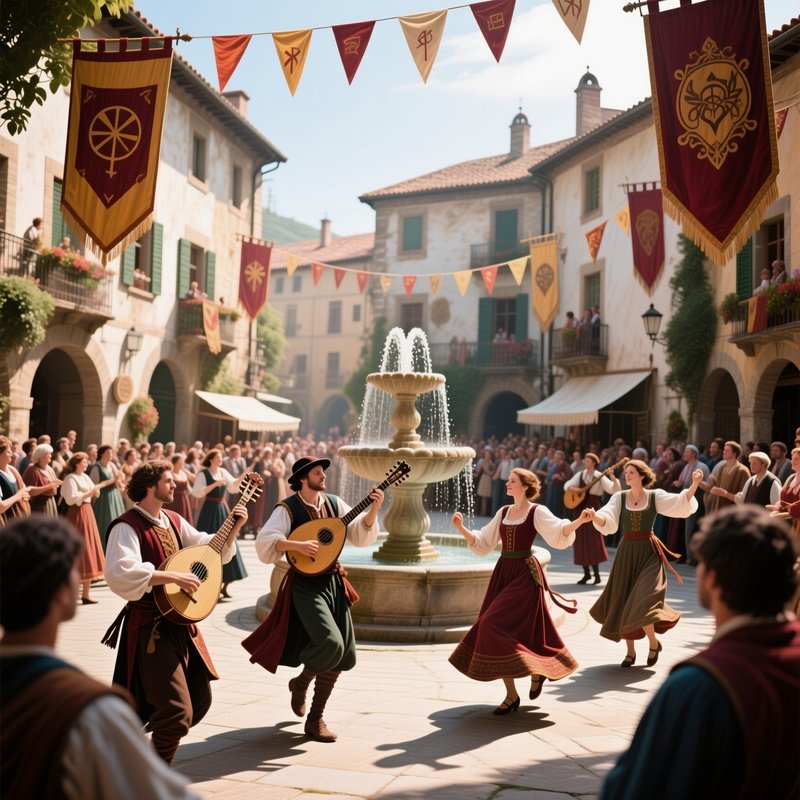 A Bustling Courtyard During A Festive Procession, Banners Fluttering, Musicians Playing Lutes While