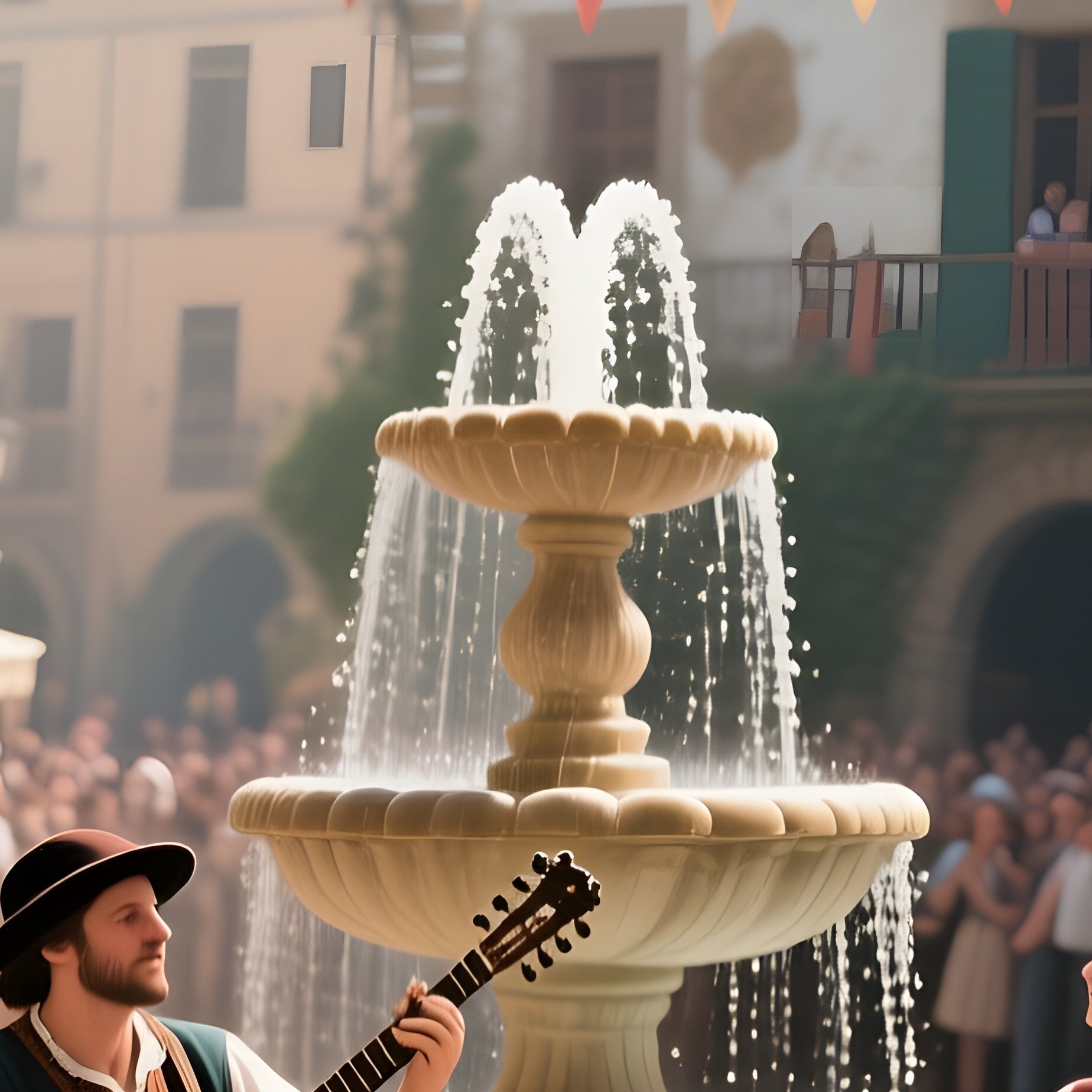A Bustling Courtyard During A Festive Procession, Banners Fluttering, Musicians Playing Lutes While - Full Resolution Quality Preview