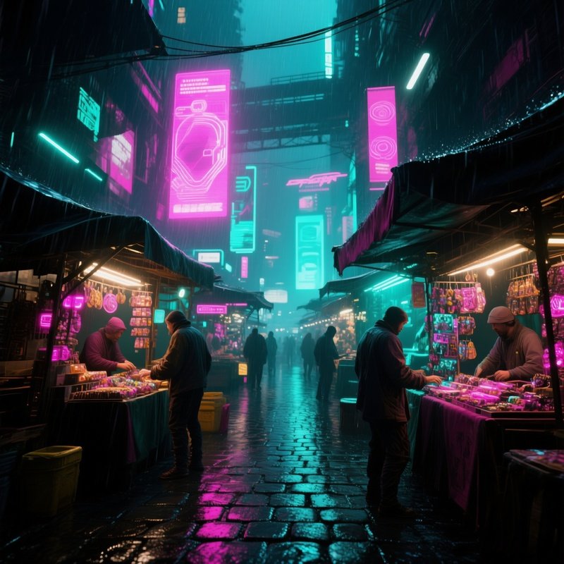 A Bustling Cyberpunk Bazaar Under Perpetual Rain, Holographic Advertisements Casting Neon Pink And