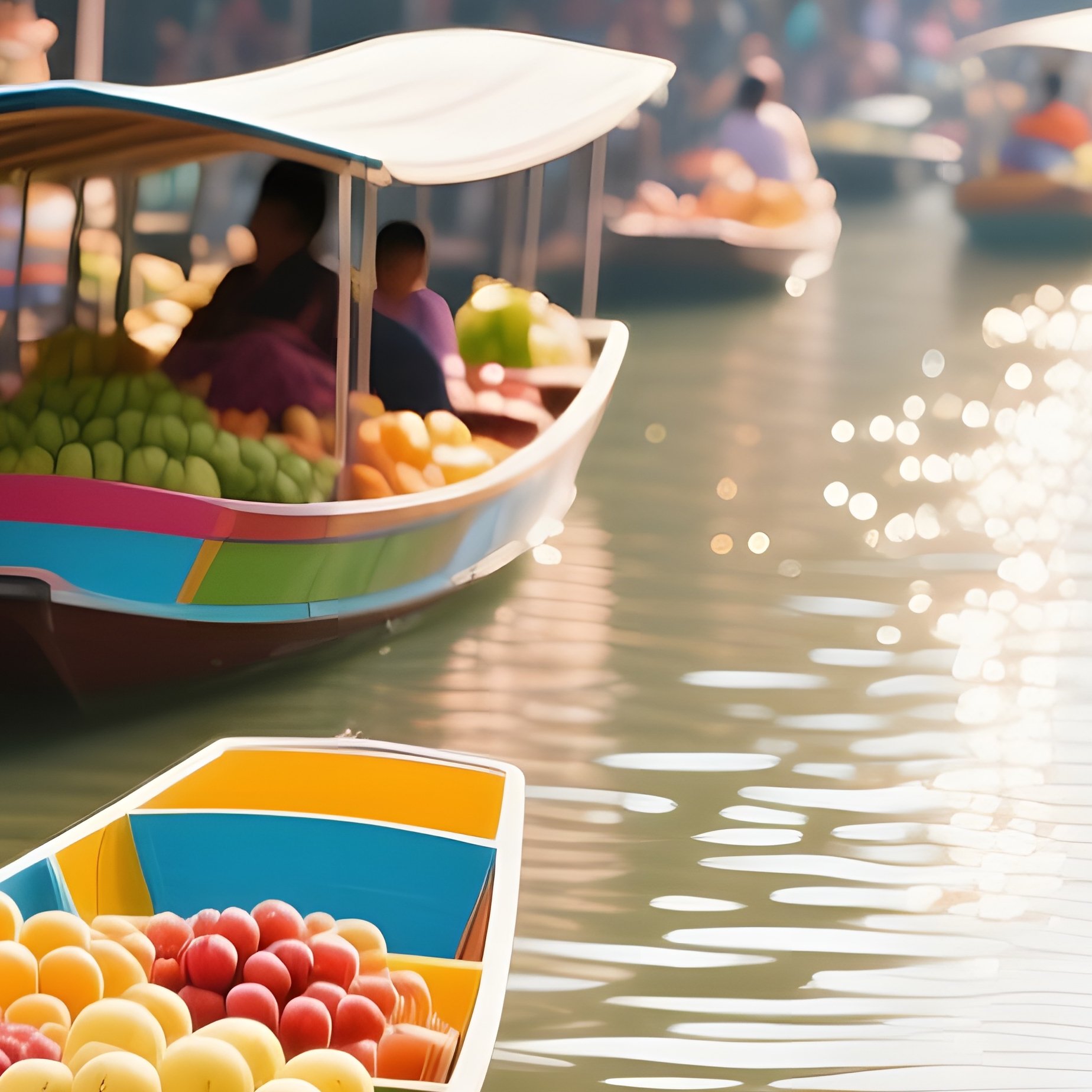 A Bustling Daylight Market In Bangkok'S Floating Market, Colorful Boats Laden With Fruit, Sunlight - Full Resolution Quality Preview