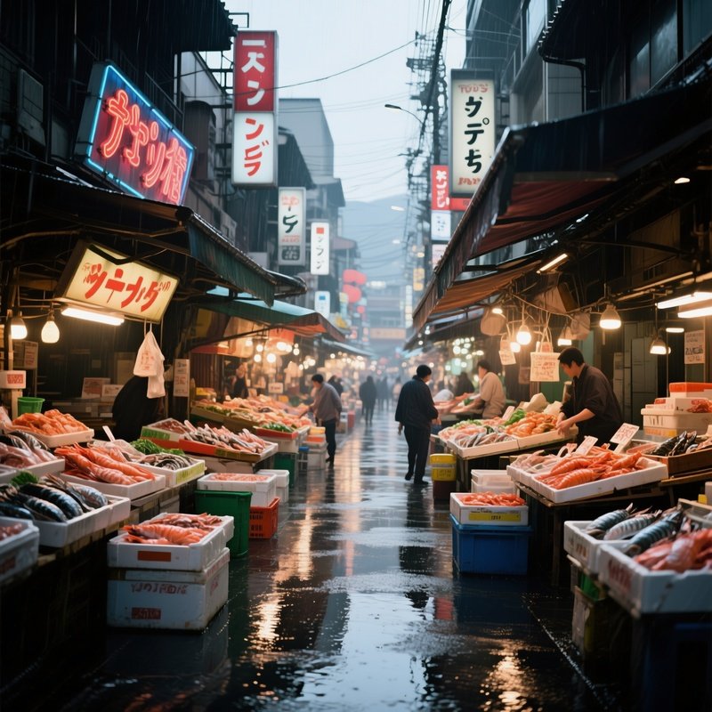 A Bustling Daytime Market In Osaka, Stalls Overflowing With Fresh Seafood, Neon Signs Reflecting