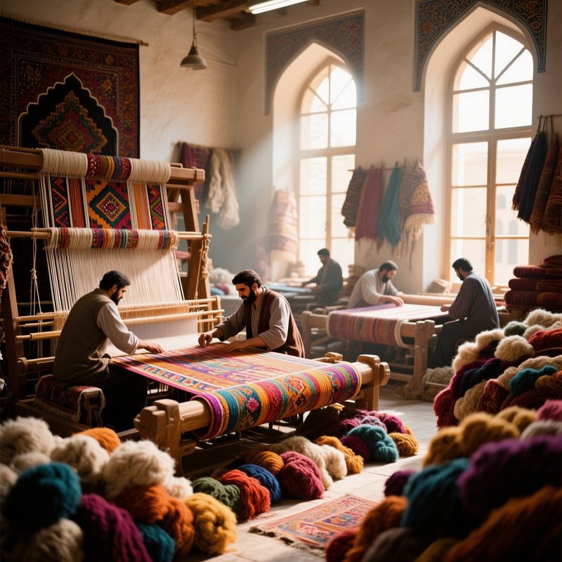 A Bustling Daytime Scene Inside A Persian Carpet Workshop, Artisans Weaving Vibrant Patterns On