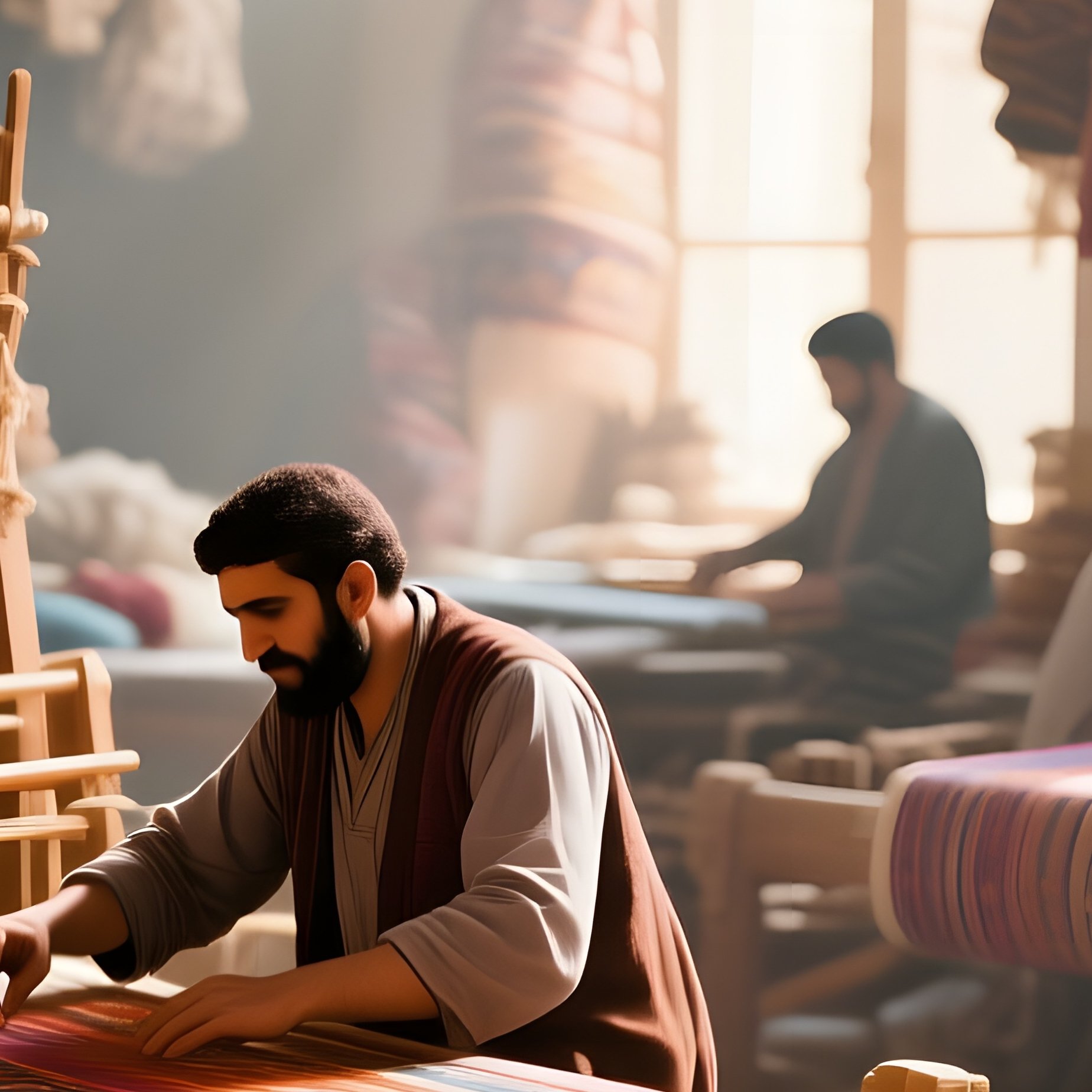 A Bustling Daytime Scene Inside A Persian Carpet Workshop, Artisans Weaving Vibrant Patterns On - Full Resolution Quality Preview