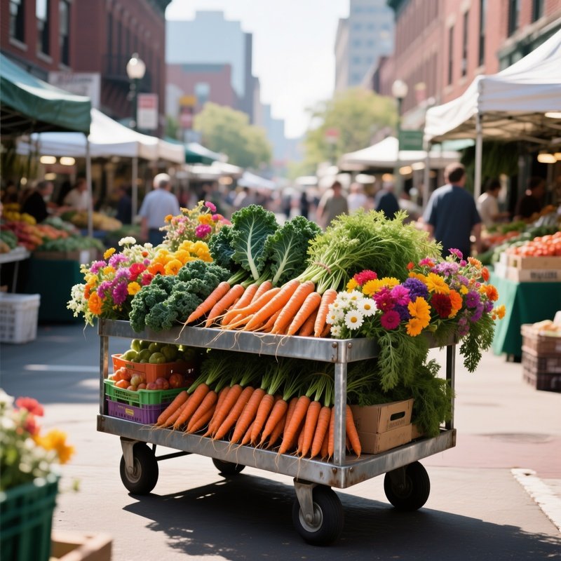 A Bustling Downtown Farmer’S Market At Noon, Where A Metal Cart Displays An Abundant Arrangement Of
