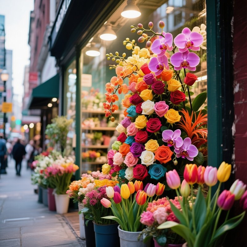 A Bustling Downtown Florist Shop Window Display Featuring An Extravagant Cascade Of Multicolored