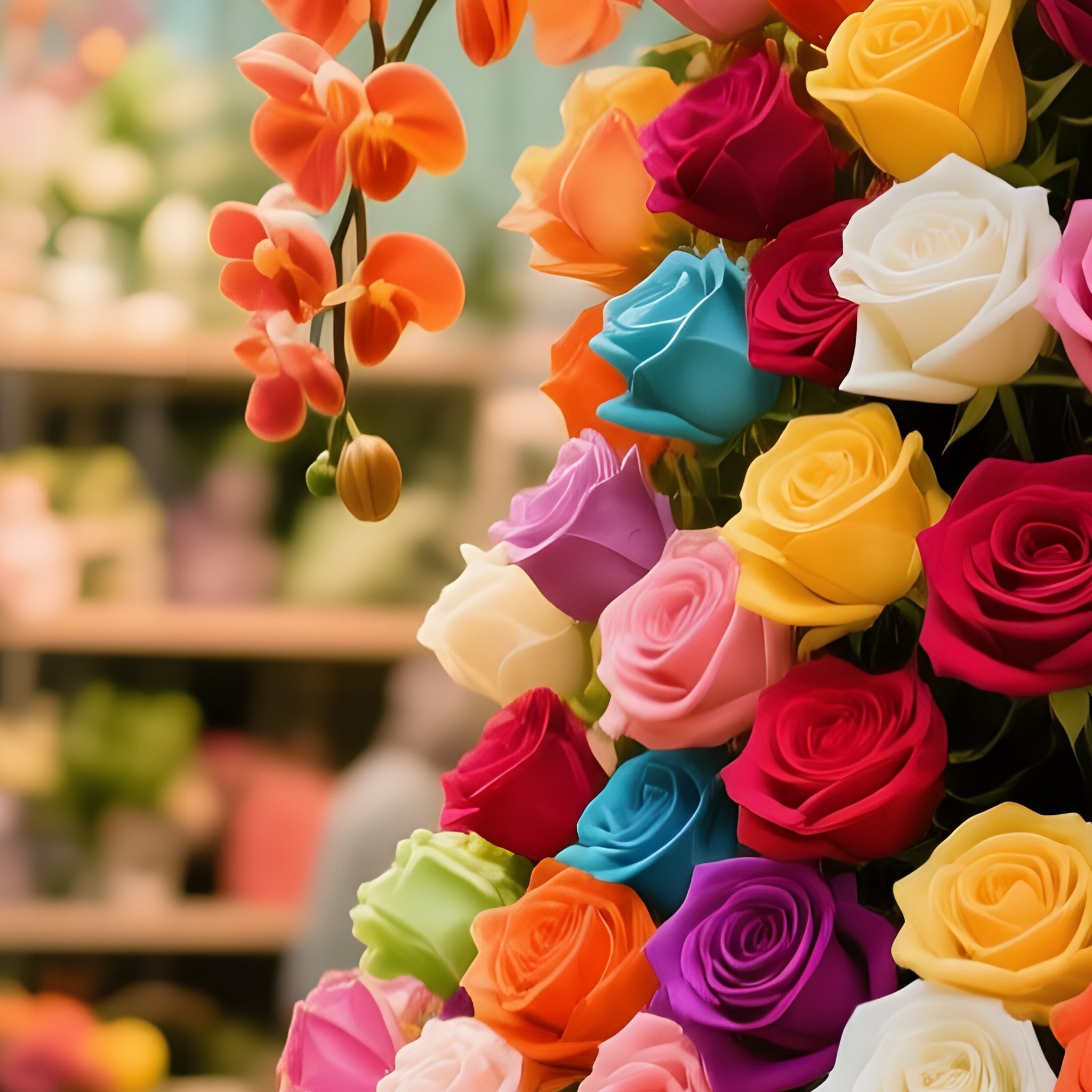 A Bustling Downtown Florist Shop Window Display Featuring An Extravagant Cascade Of Multicolored - Full Resolution Quality Preview