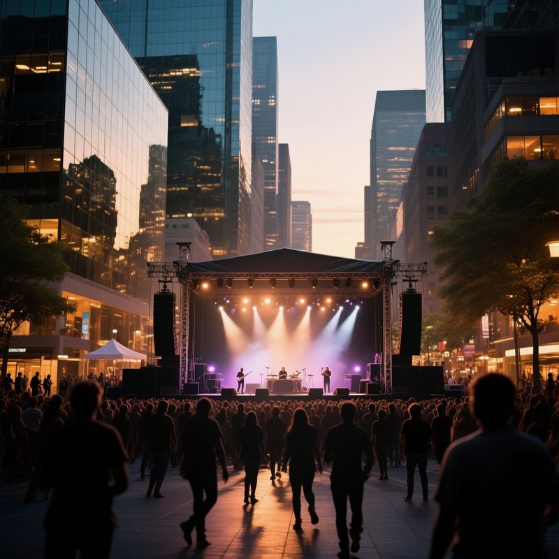 A Bustling Downtown Plaza During A Summer Concert, Stage Illuminated By Spotlights, Crowd