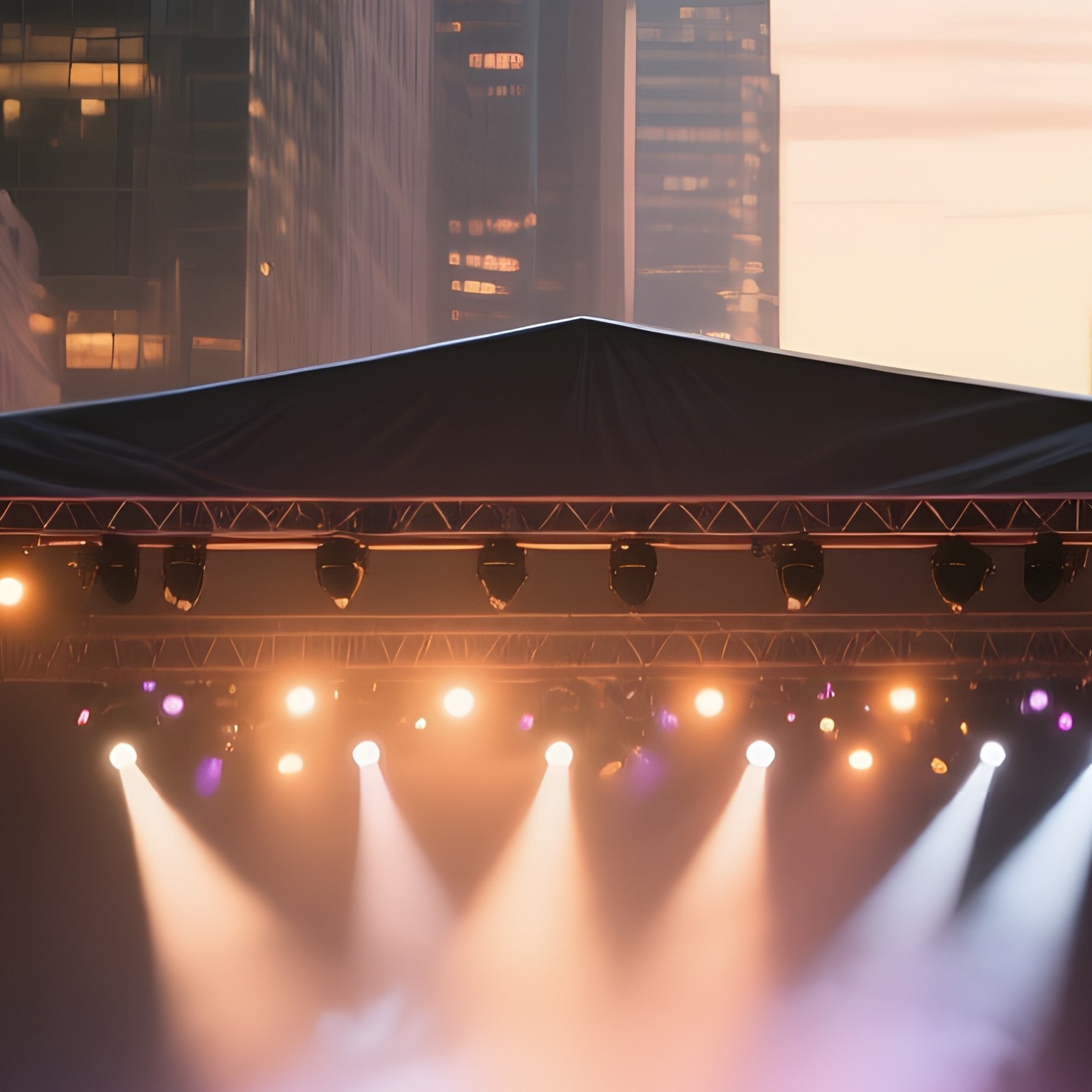 A Bustling Downtown Plaza During A Summer Concert, Stage Illuminated By Spotlights, Crowd - Full Resolution Quality Preview
