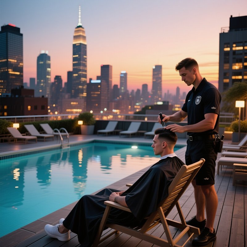 A Bustling Downtown Rooftop Pool At Sunset, City Lights Reflecting On Water; A Lifeguard Receives A