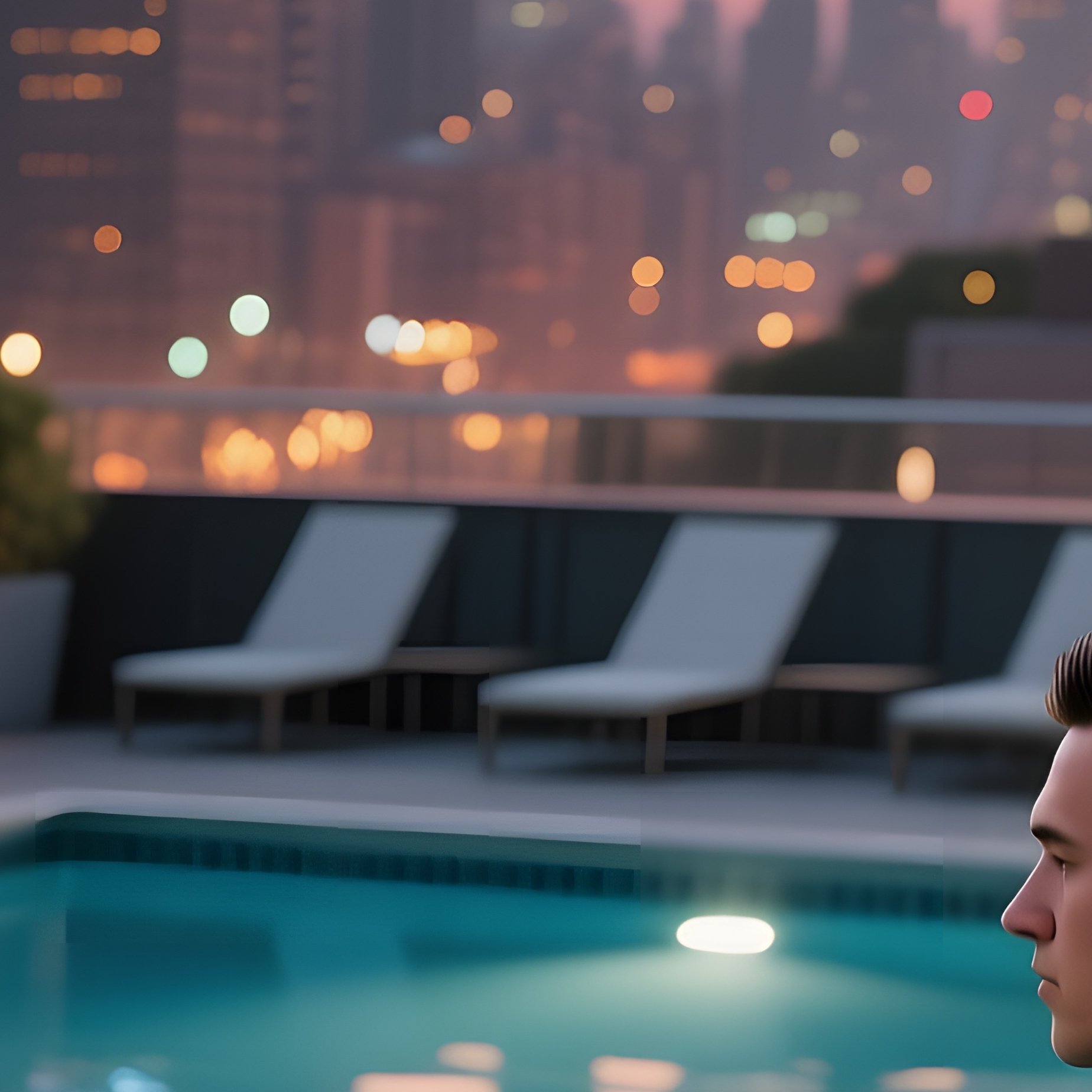 A Bustling Downtown Rooftop Pool At Sunset, City Lights Reflecting On Water; A Lifeguard Receives A - Full Resolution Quality Preview