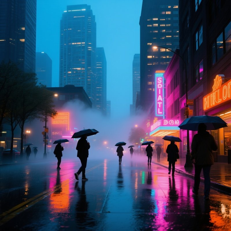 A Bustling Downtown Seattle Street On A Rainy Evening Reflections Of Skyscrapers On Wet Pavement