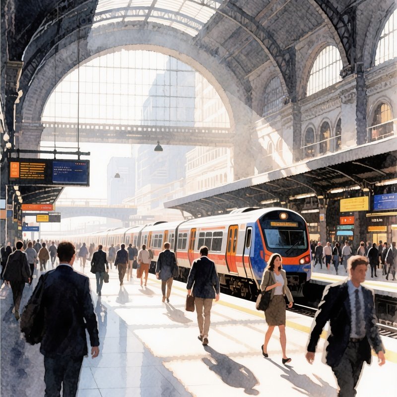 A Bustling Downtown Train Station During Rush Hour, Commuters Hurrying, Sunlight Filtering Through