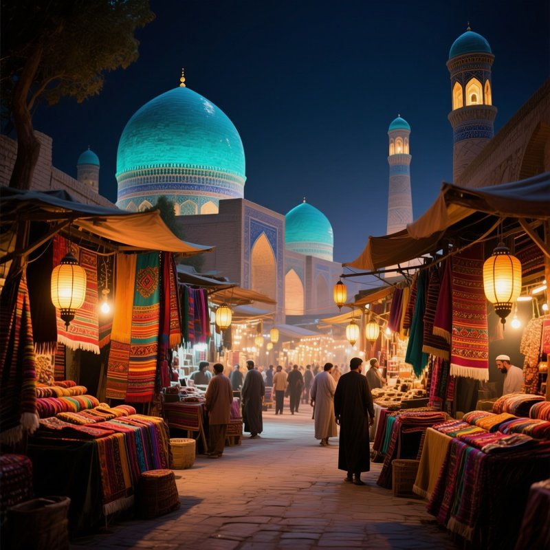 A Bustling Evening Bazaar In Samarkand, Vibrant Textiles Draped Across Stalls, Turquoise Domes