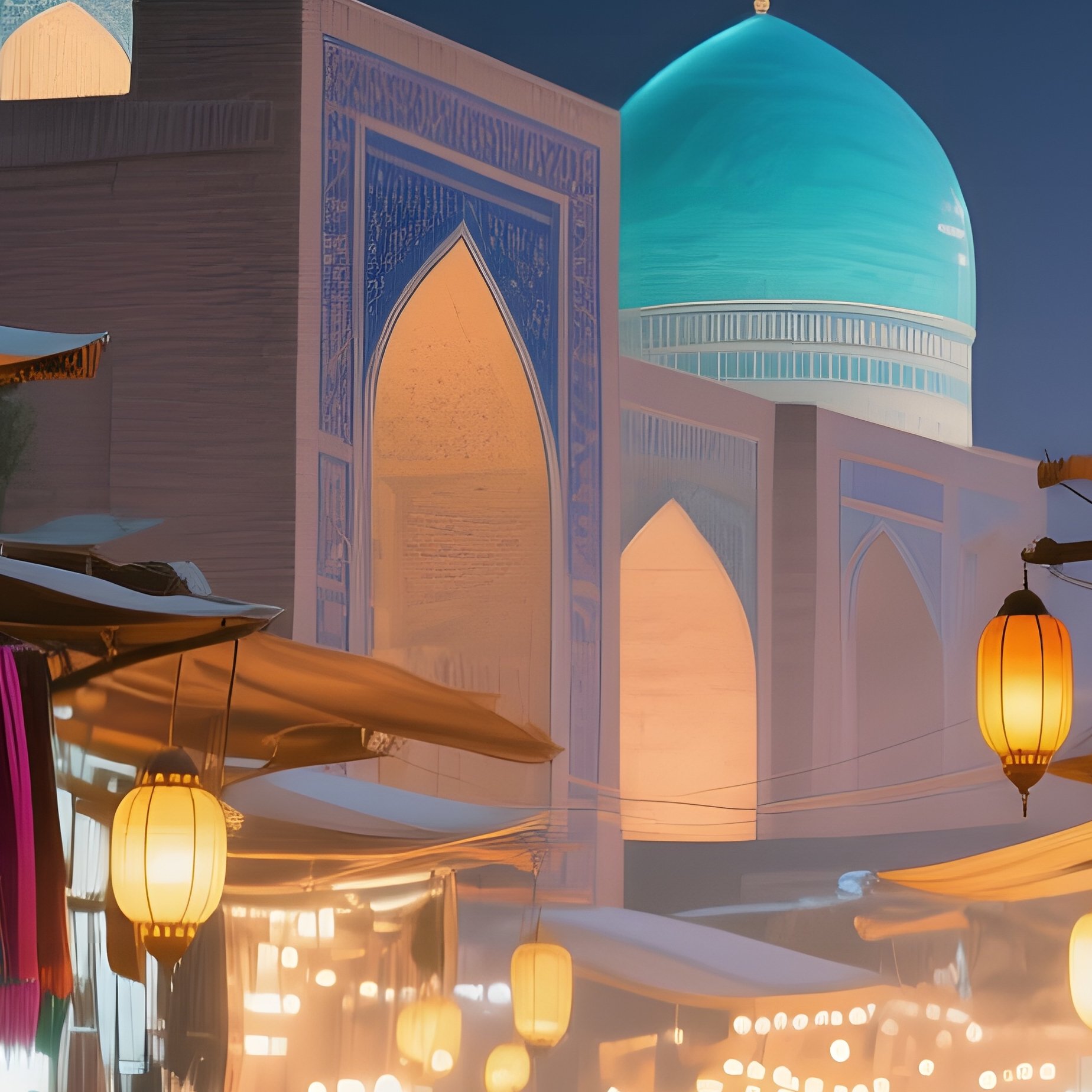 A Bustling Evening Bazaar In Samarkand, Vibrant Textiles Draped Across Stalls, Turquoise Domes - Full Resolution Quality Preview