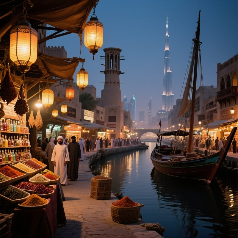 A Bustling Evening Market In Dubai'S Historic Al Fahidi District, Lanterns Hanging From Wind