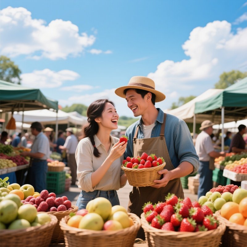A Bustling Farmer’S Market At Midday, Baskets Of Ripe Fruit, A Couple Shares Fresh Strawberries