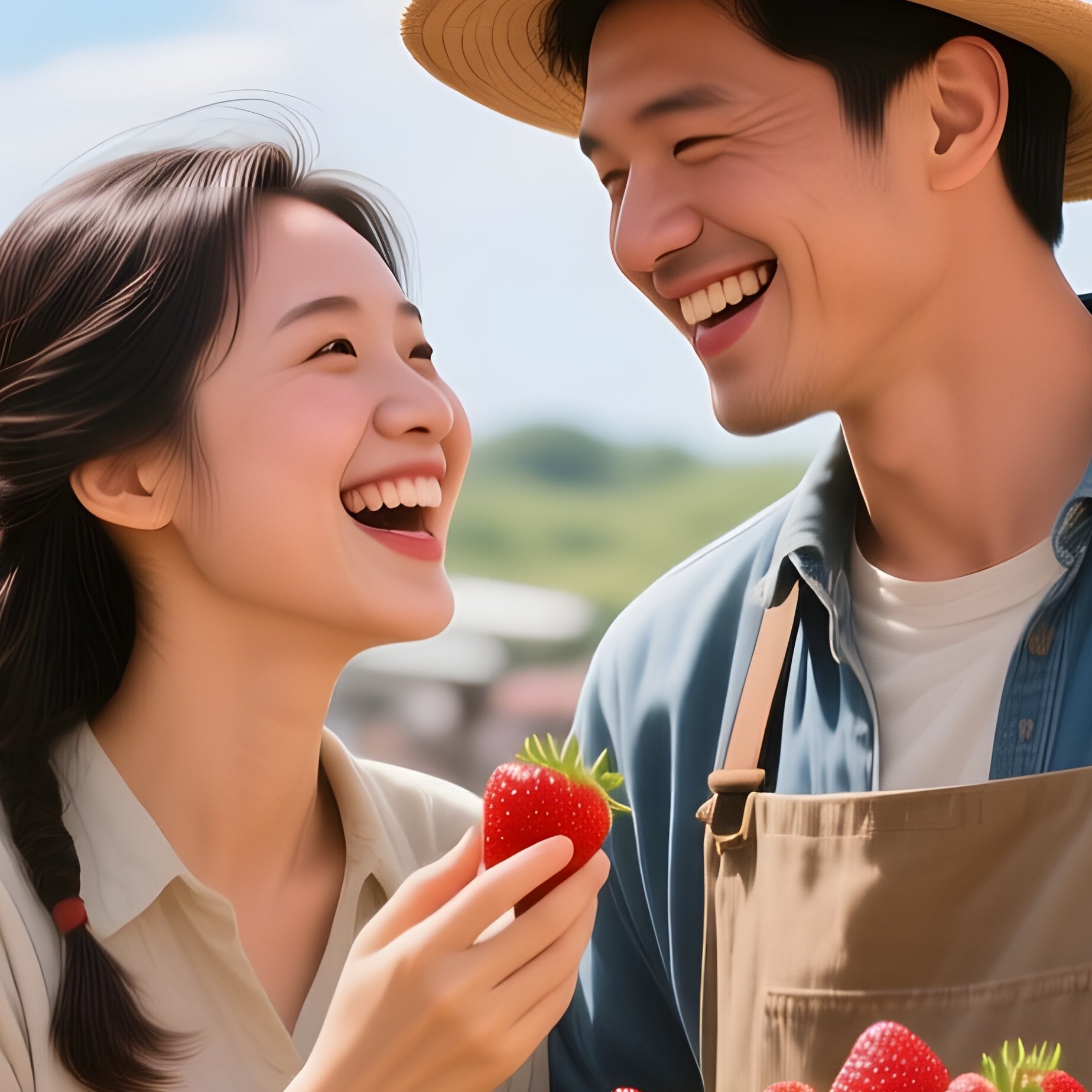A Bustling Farmer’S Market At Midday, Baskets Of Ripe Fruit, A Couple Shares Fresh Strawberries - Full Resolution Quality Preview
