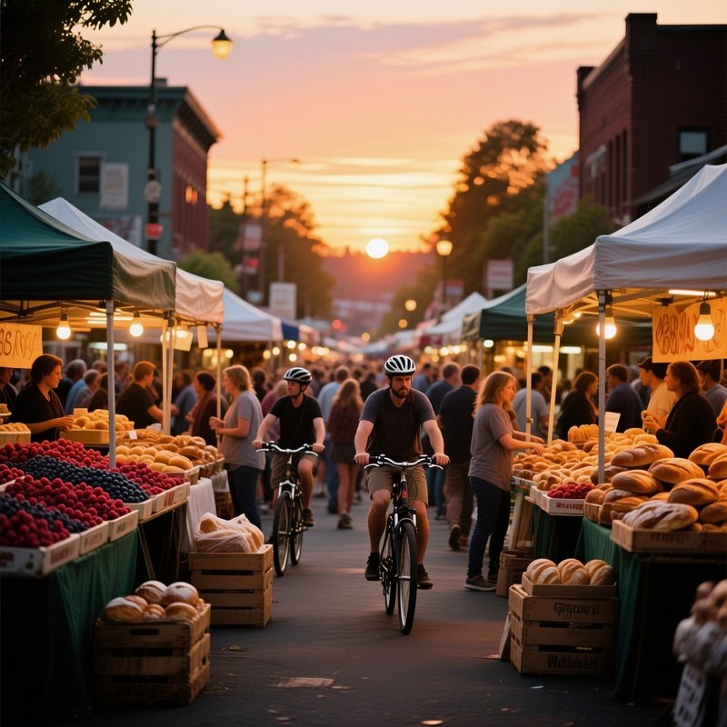 A Bustling Farmers Market At Sunset In Portland, Stalls With Fresh Berries And Artisan Breads, Warm