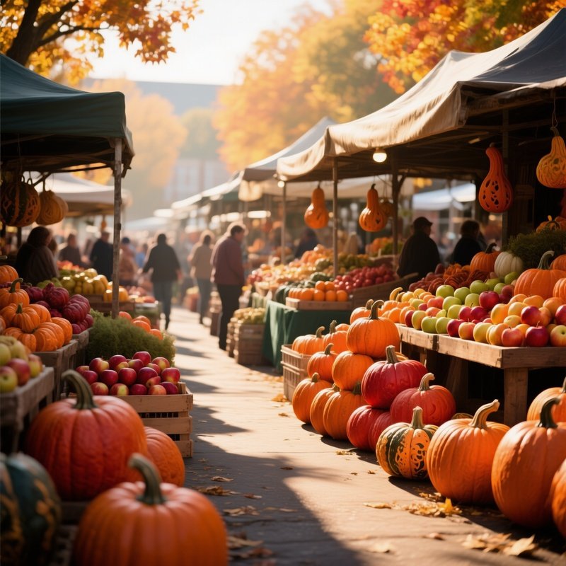 A Bustling Farmers Market In Autumn, Stalls Piled With Pumpkins, Apples And Gourds Sculpted From