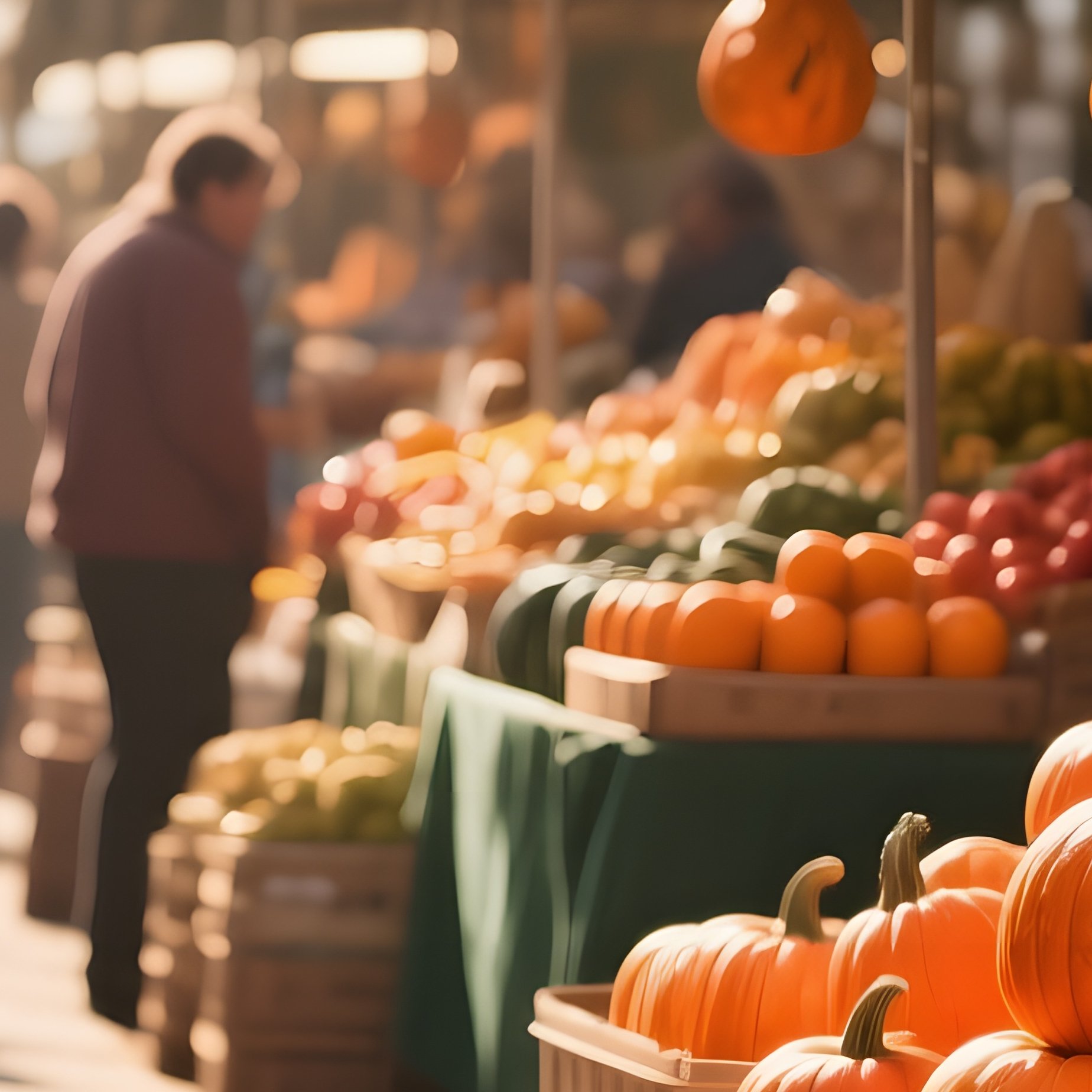 A Bustling Farmers Market In Autumn, Stalls Piled With Pumpkins, Apples And Gourds Sculpted From - Full Resolution Quality Preview
