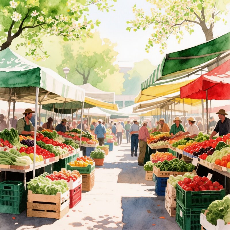 A Bustling Farmer’S Market In Spring, Stalls Overflowing With Fresh Produce, Watercolor Bursts Of