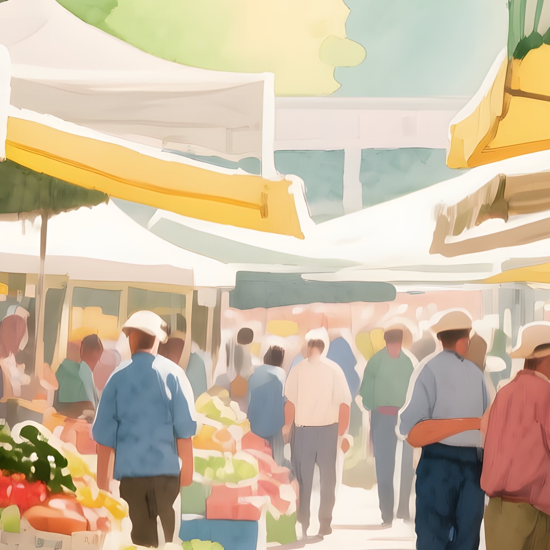A Bustling Farmer’S Market In Spring, Stalls Overflowing With Fresh Produce, Watercolor Bursts Of - Full Resolution Quality Preview