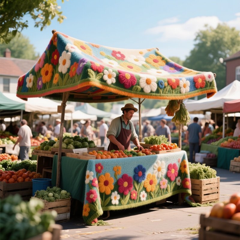 A Bustling Farmers Market Midday Scene, With A Vendor'S Stall Covered By A Colorful Wool Canopy