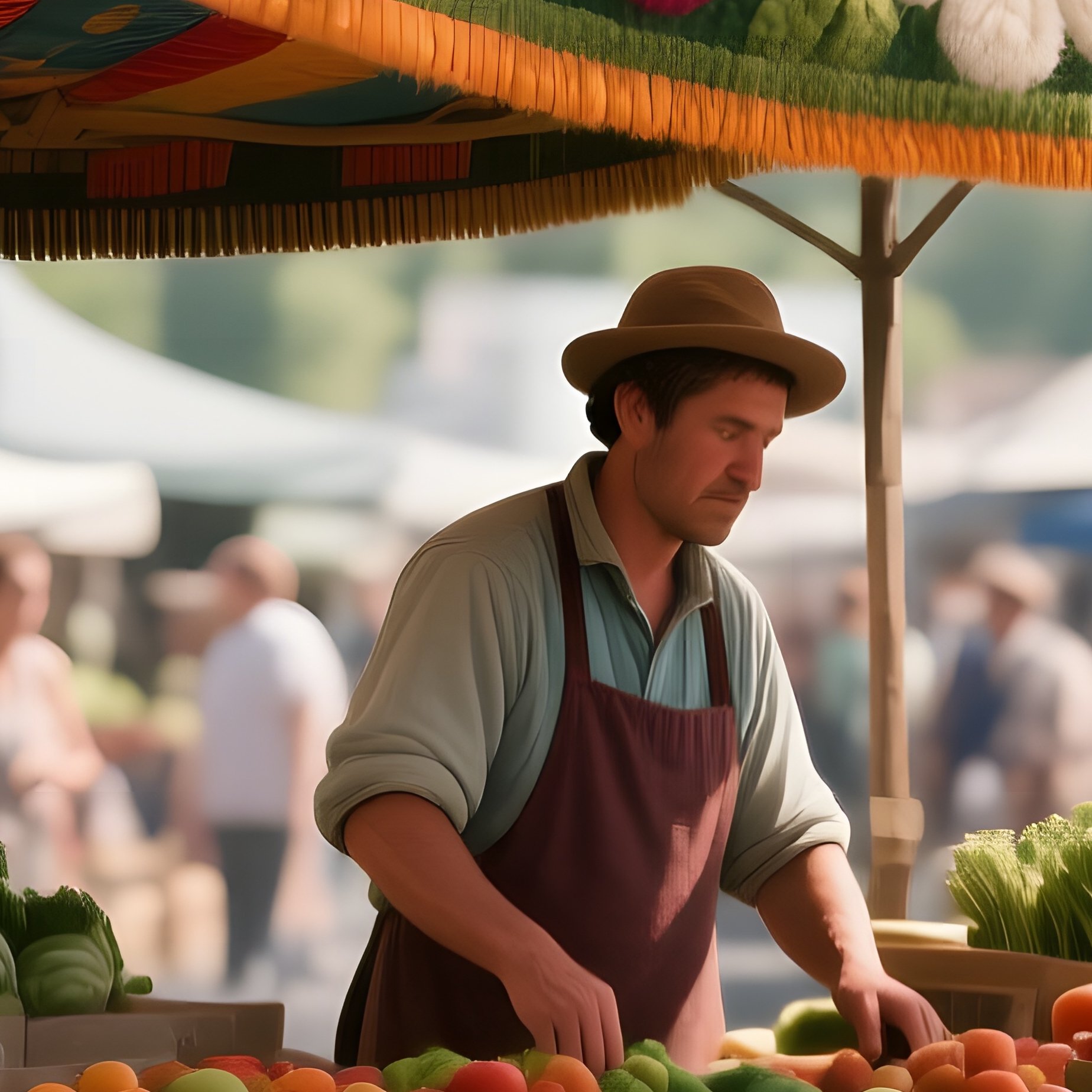 A Bustling Farmers Market Midday Scene, With A Vendor'S Stall Covered By A Colorful Wool Canopy - Full Resolution Quality Preview