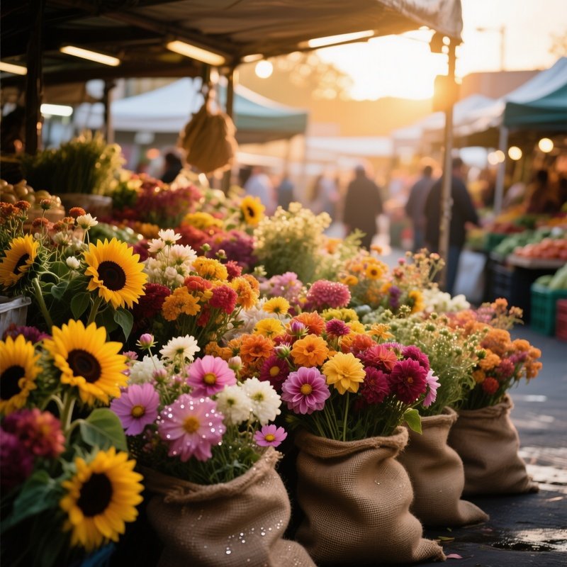 A Bustling Farmers Market Stall At Golden Hour, Showcasing A Chaotic But Charming Heap Of Mixed