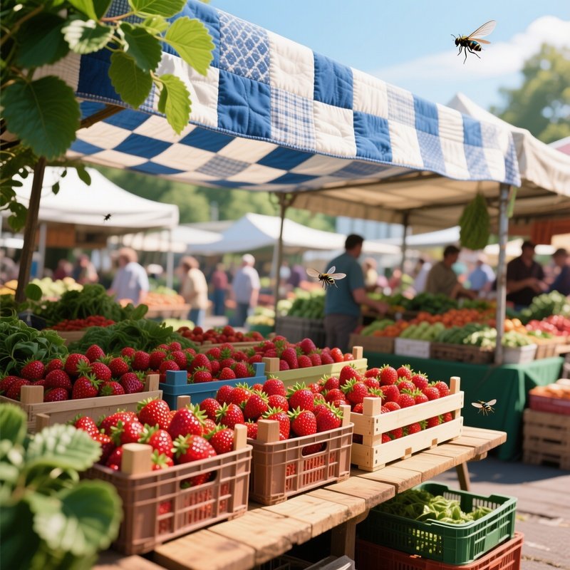 A Bustling Farmers' Market Stall At Midday, Crates Overflowing With Glossy Strawberries Under A