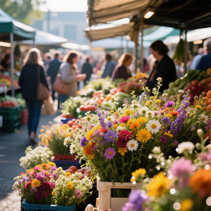 A Bustling Farmers Market Stall Overflowing With Colorful Bunches Of Mixed Wildflowers, Sunlight