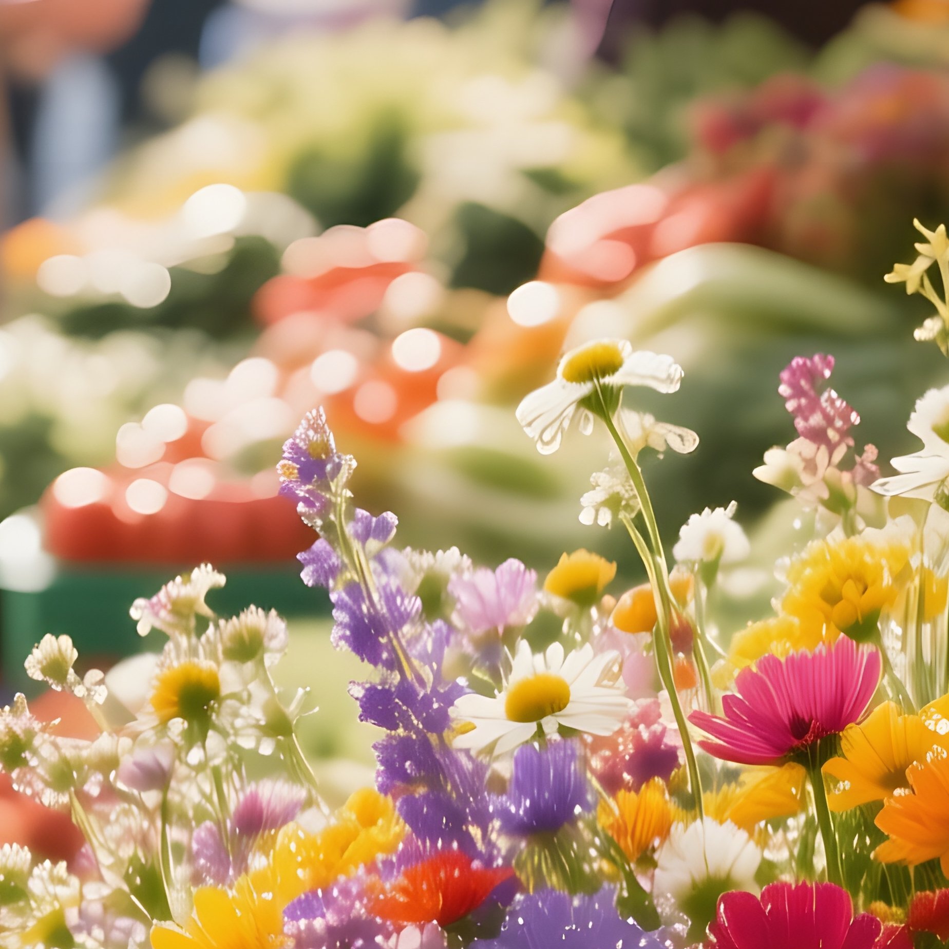 A Bustling Farmers Market Stall Overflowing With Colorful Bunches Of Mixed Wildflowers, Sunlight - Full Resolution Quality Preview