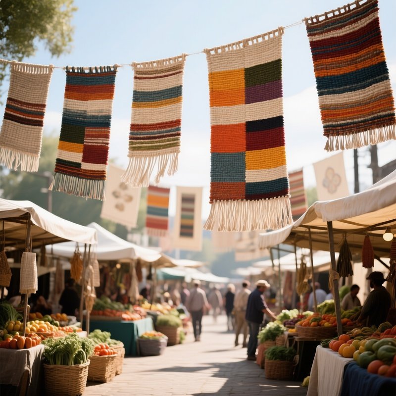 A Bustling Farmers Market Transformed Into An Art Installation Area, With Hanging Woven Tapestries