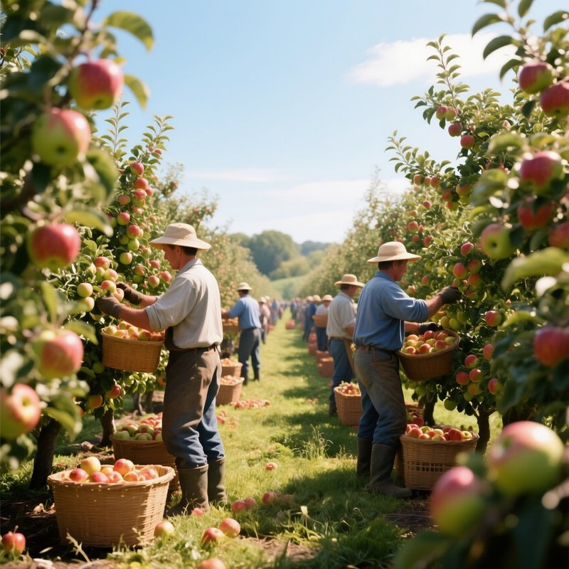 A Bustling Farmers’ Orchard In Late Summer, Rows Of Apple Trees Heavy With Fruit, Workers
