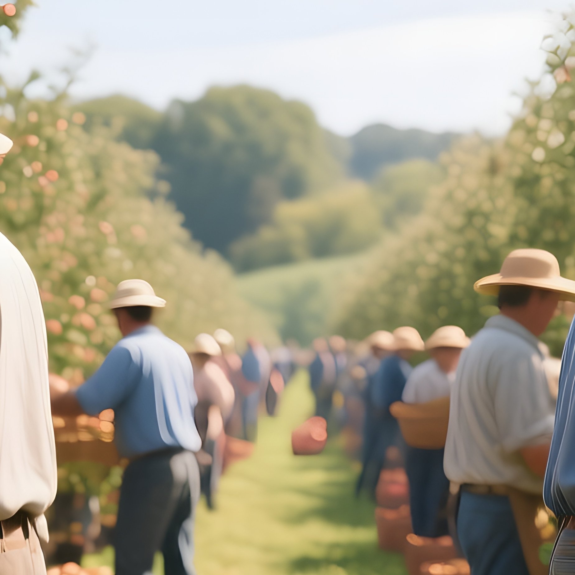 A Bustling Farmers’ Orchard In Late Summer, Rows Of Apple Trees Heavy With Fruit, Workers - Full Resolution Quality Preview