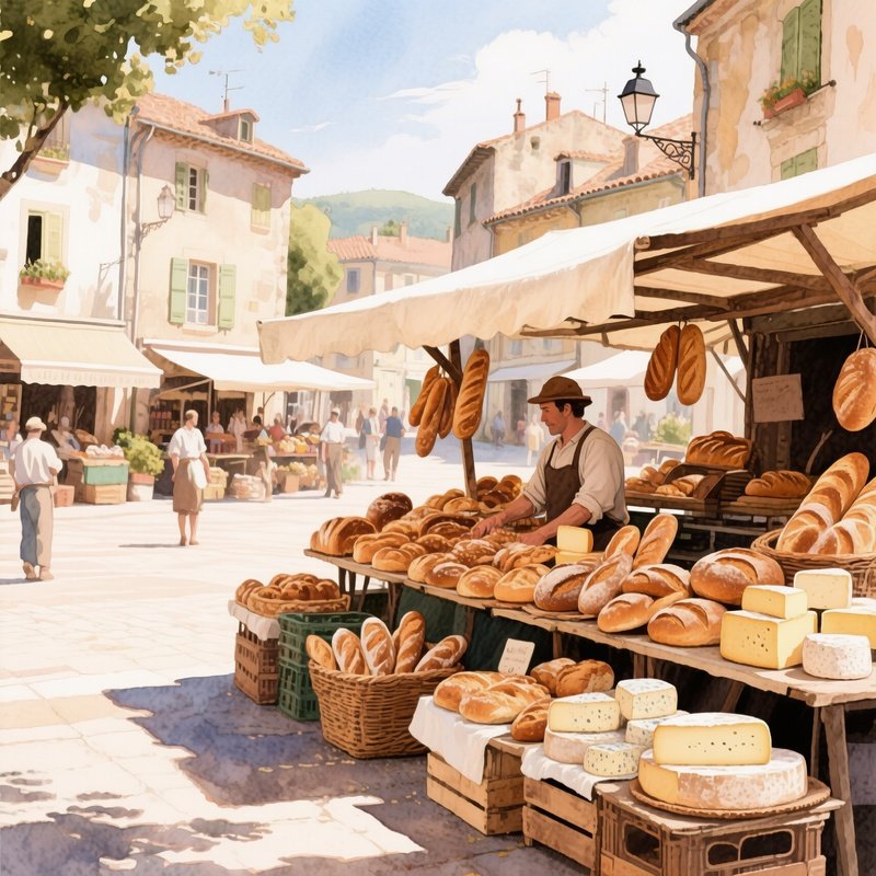 A Bustling Farmers' Stand In A European Village Square, Fresh Breads And Cheeses Displayed,