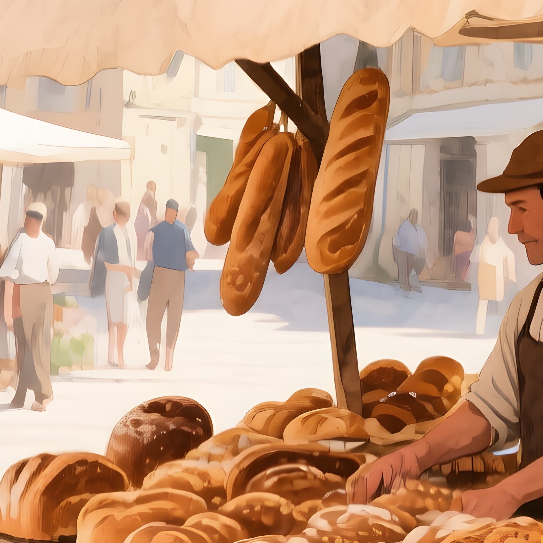 A Bustling Farmers' Stand In A European Village Square, Fresh Breads And Cheeses Displayed, - Full Resolution Quality Preview