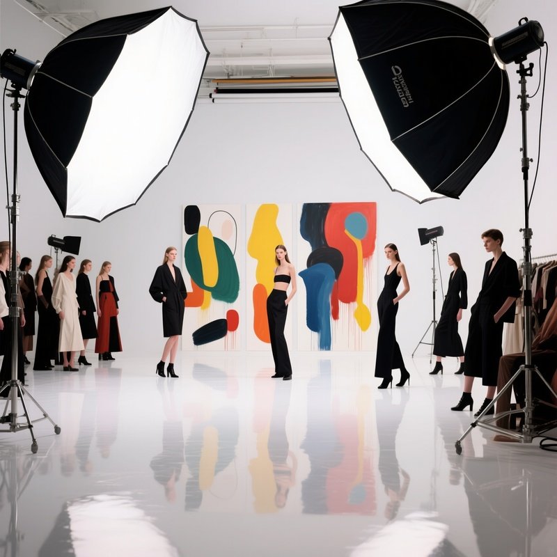 A Bustling Fashion Editorial Studio With Large Diffused Softboxes, Reflective White Floors, And