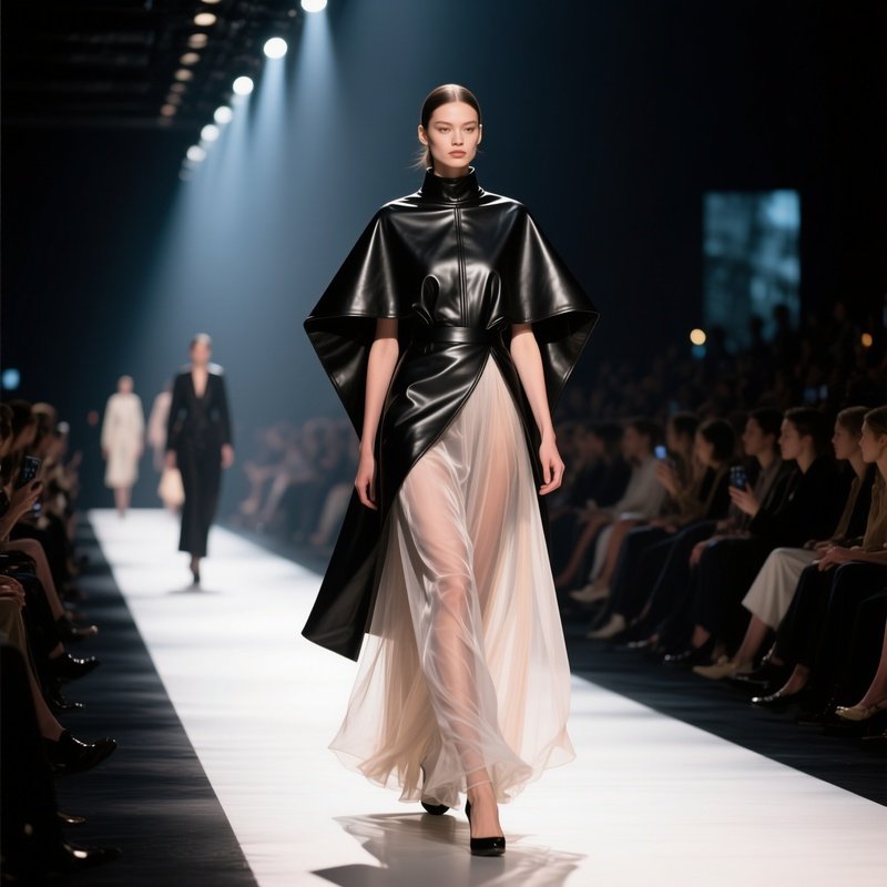 A Bustling Fashion Runway At Night, Models Strutting In Avant‑Garde Leather Capes Paired With